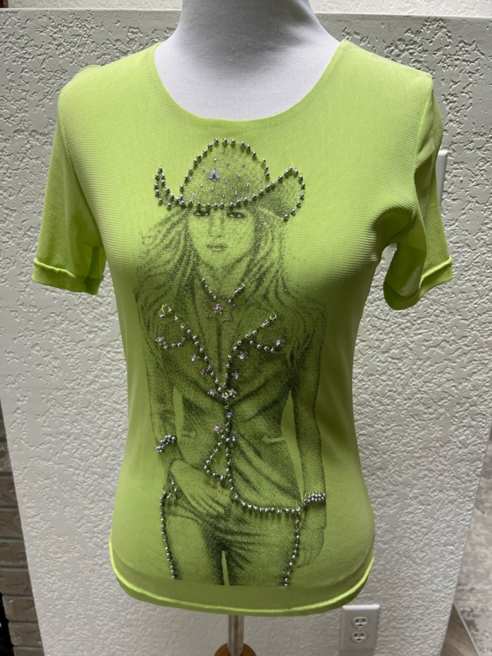Fox Fire stretchy sheer top with cowgirl print